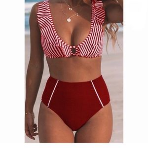 NEW Cupshe Raelyn High Waist Striped Ruffle 2 piece Bikini